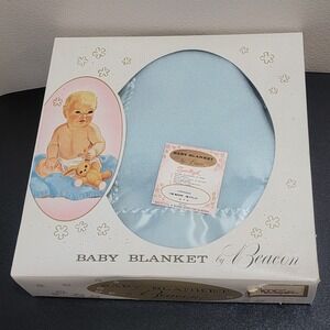 Vintage 1960s Beacon Baby Blanket Storybook Blue Satin Edge 36x50 USA